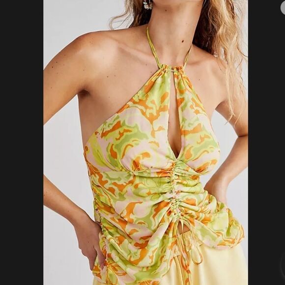 Free People Kyle Printed Top Halter Smocked Citrus Combo Drawstring - Picture 2 of 5